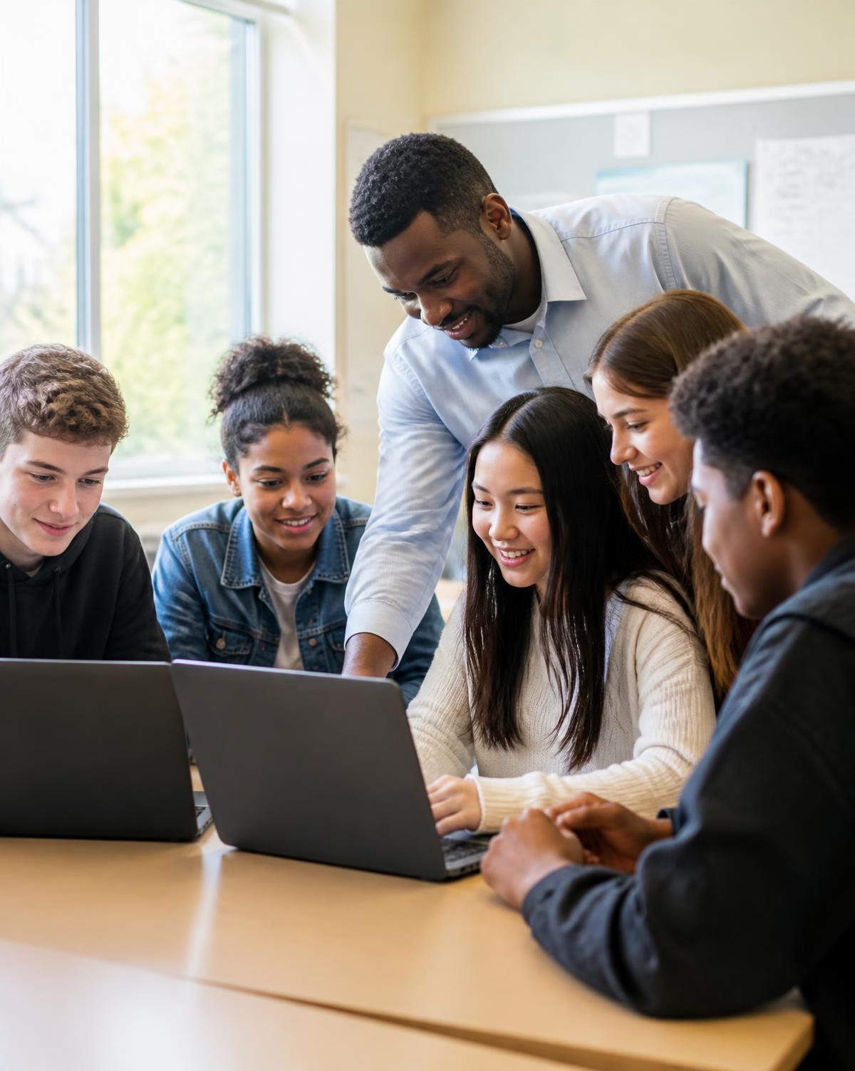 A diverse group of Atlanta-area students working together on laptops with a mentor in a bright classroom